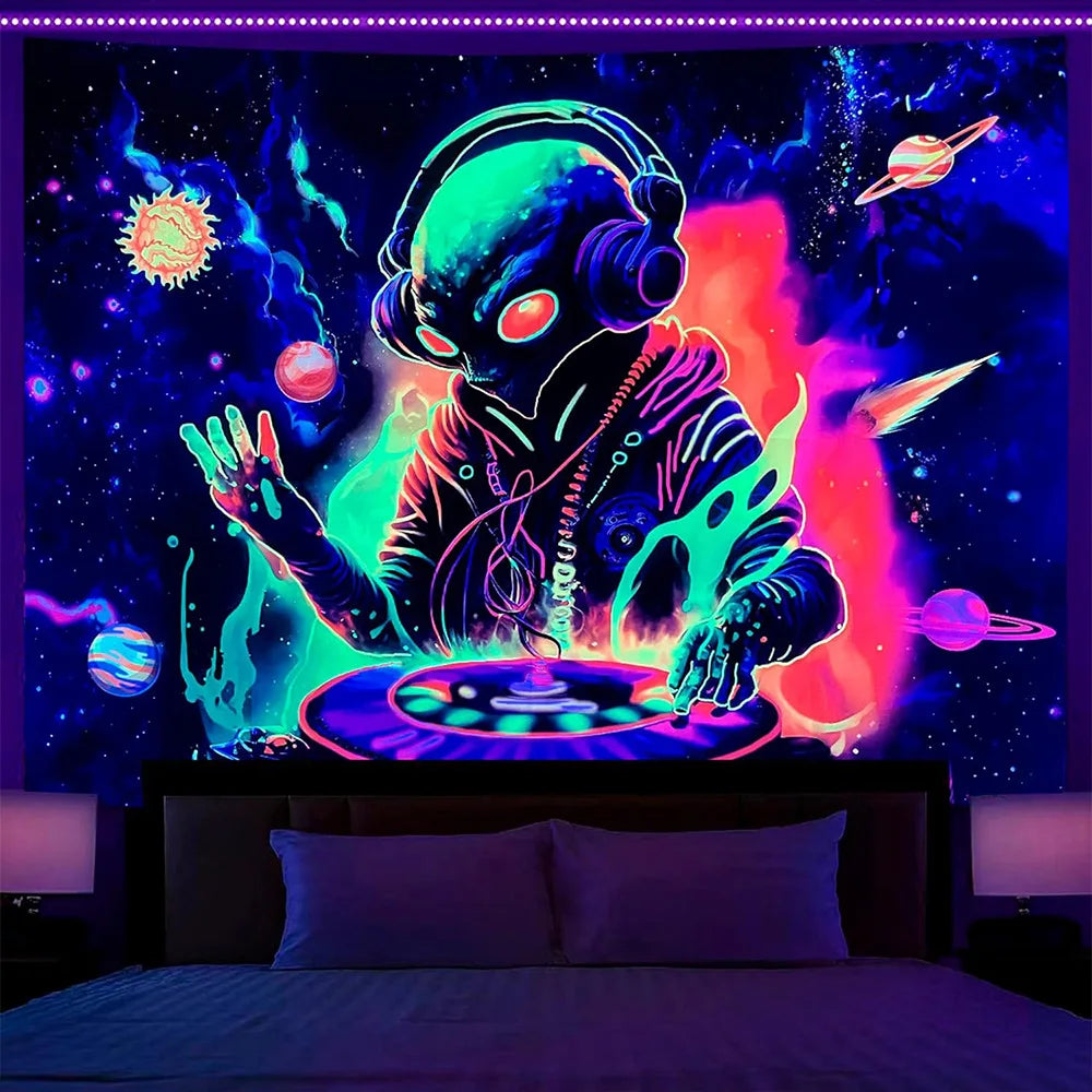 A vibrant neon-colored tapestry featuring a stylized alien head with glowing eyes against a dark cosmic background.