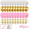 Ein Set von 40 Latexballons in Weiß, Gold und Pink mit Schleifen für Konfetti-Dekoration.
