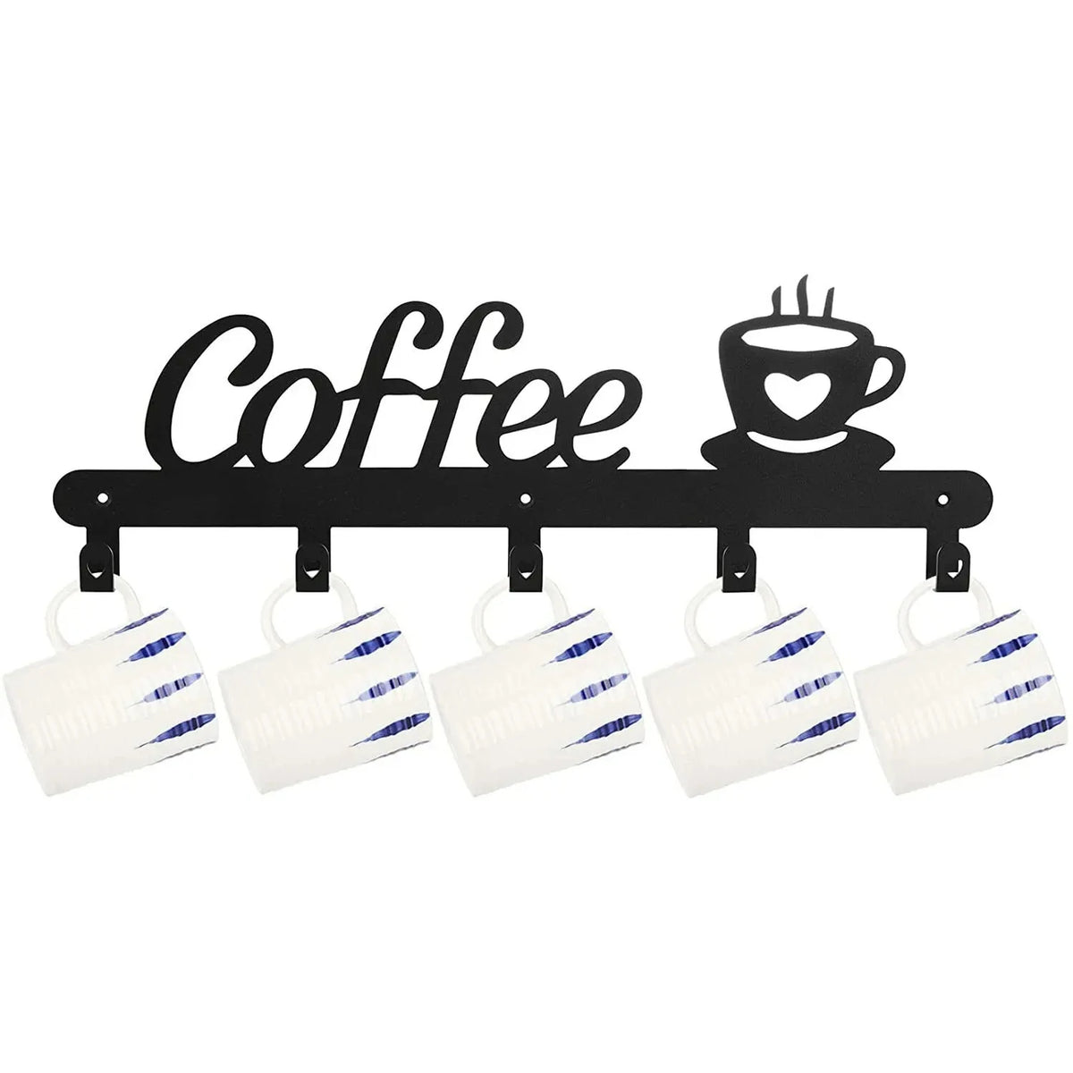 Black wall-mounted coffee mug rack with heart hooks for hanging mugs