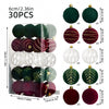 A set of 30 velvet Christmas baubles in various shades of green, red, and white for holiday decor.