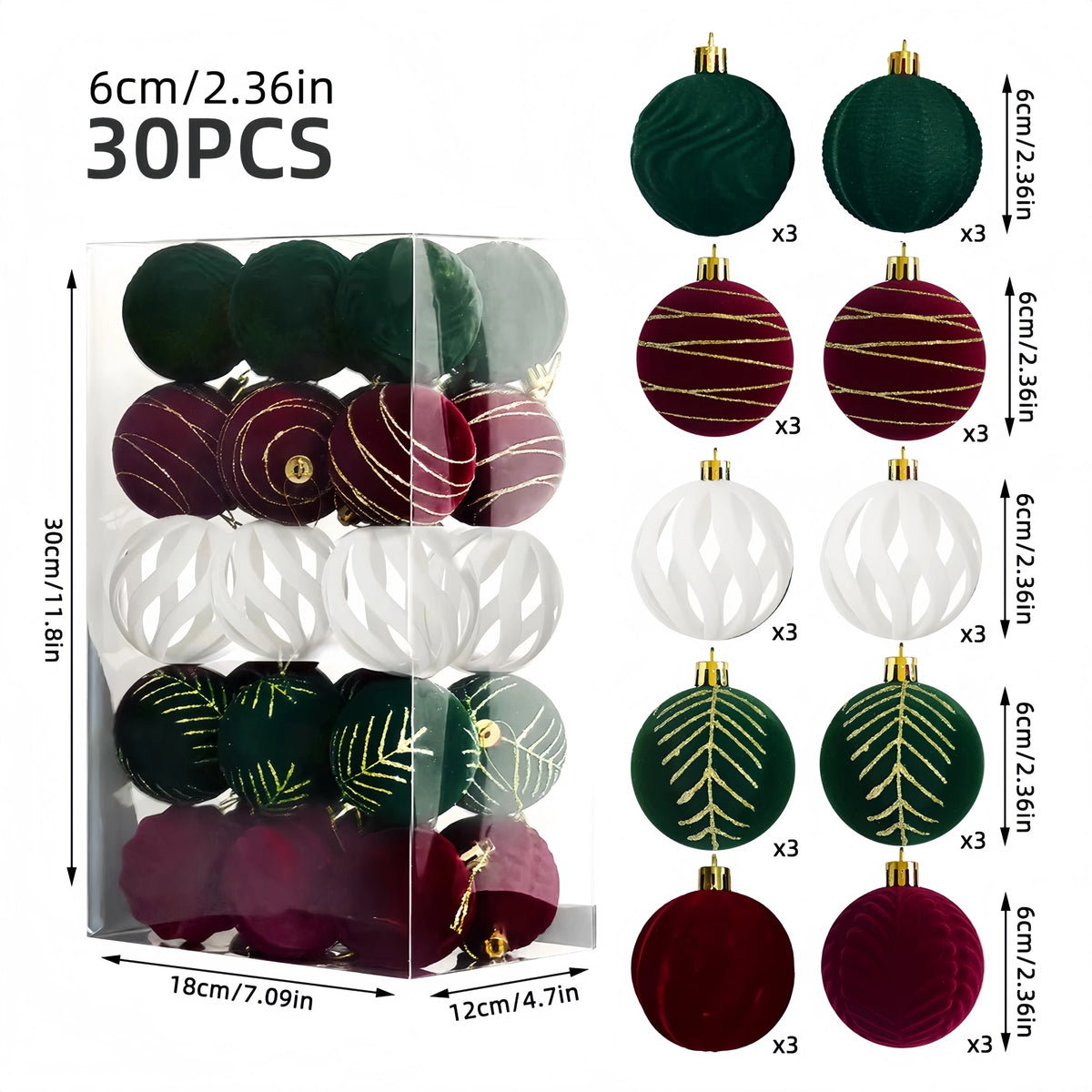 A set of 30 velvet Christmas baubles in various shades of green, red, and white for holiday decor.