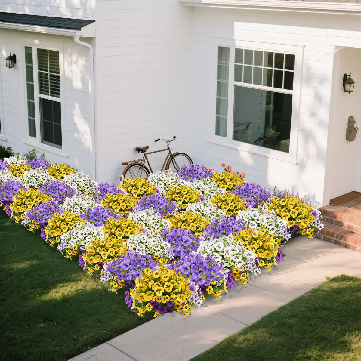 A vibrant flower bed featuring a mix of yellow, purple, and white pansy flowers in front of a white house.