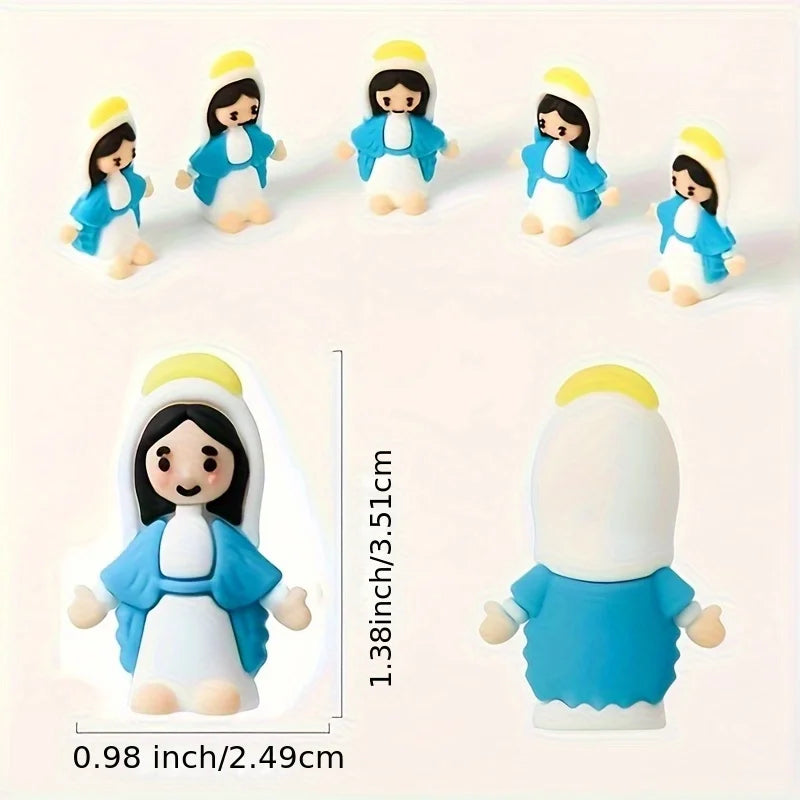 A set of multicolor mini Virgin Mary statues featuring white skin, blue robes, and yellow halos.