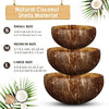 A set of three natural coconut shell serving bowls in small, medium, and large sizes displayed against a green tropical leaf 