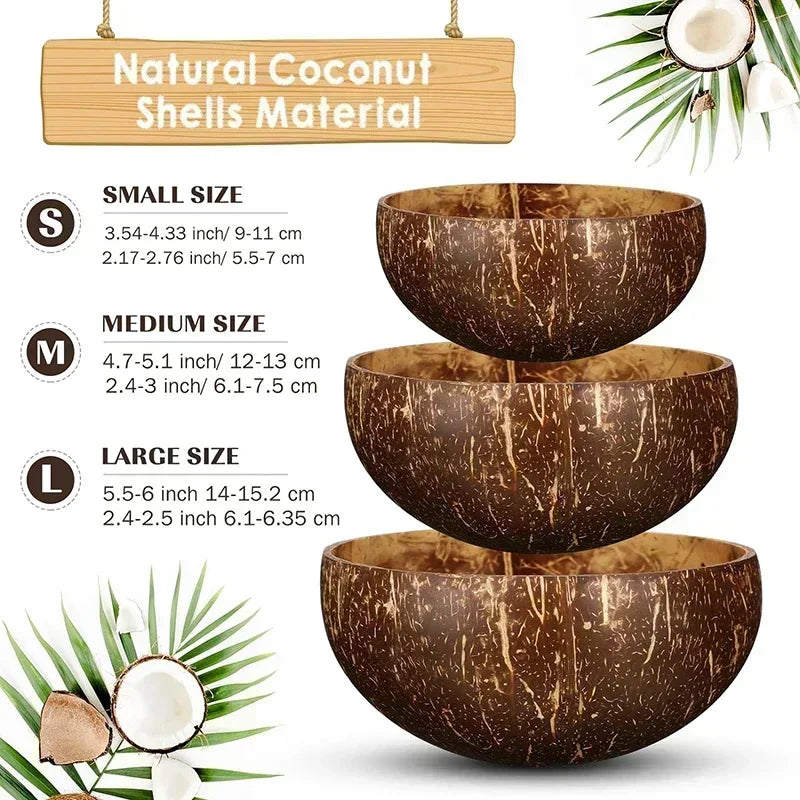A set of three natural coconut shell serving bowls in small, medium, and large sizes displayed against a green tropical leaf 