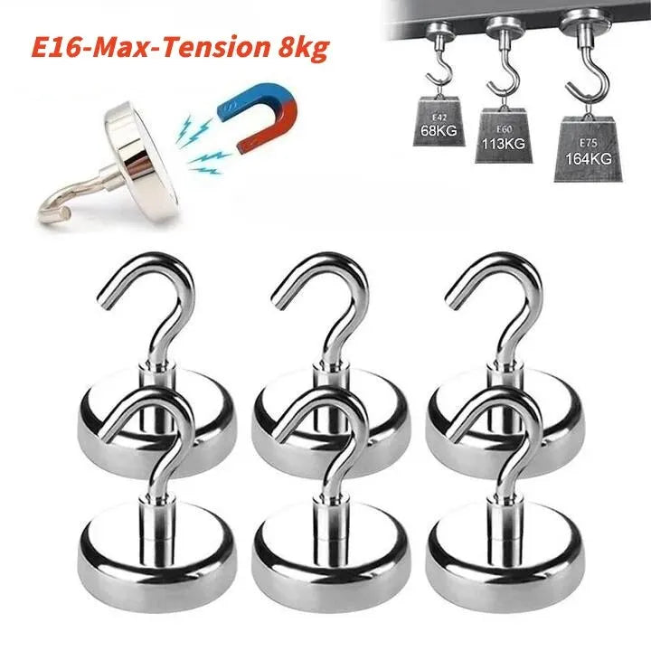 A set of 10 strong magnetic hooks for organization, shown in silver metal finish.