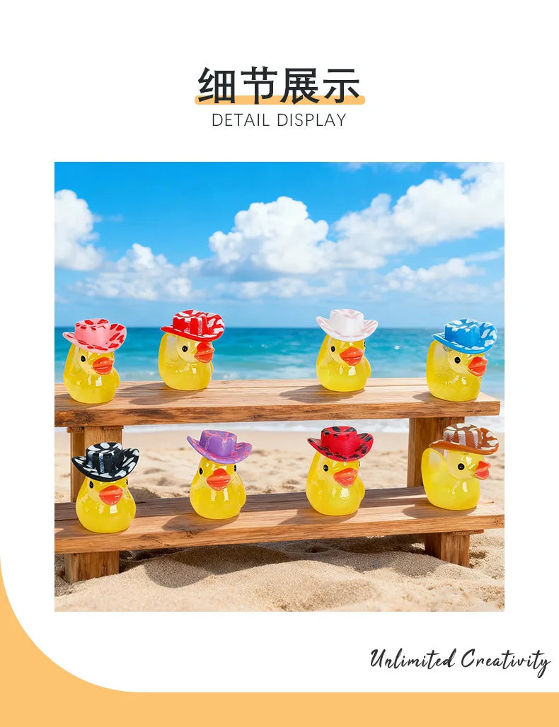 A display of glow-in-the-dark resin duck figurines with colorful hats arranged on a wooden bench outdoors.