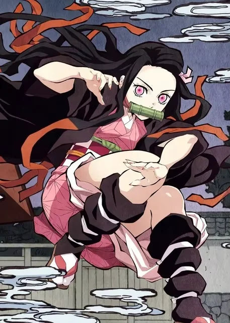 Anime style illustration of a female character with long black hair and pink eyes in a pink outfit against a cloudy sky.