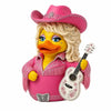 A pink cowboy hat and pink shirt figurine of a duck with blonde hair.