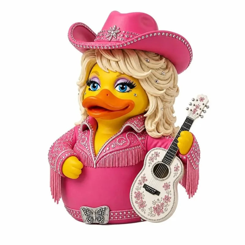 A pink cowboy hat and pink shirt figurine of a duck with blonde hair.