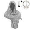 Gray hooded cloak cape with fringed edges and a silver Viking brooch.