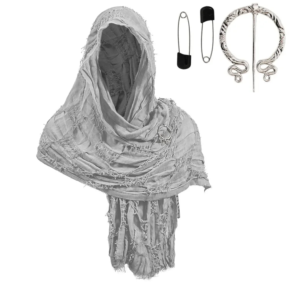Gray hooded cloak cape with fringed edges and a silver Viking brooch.