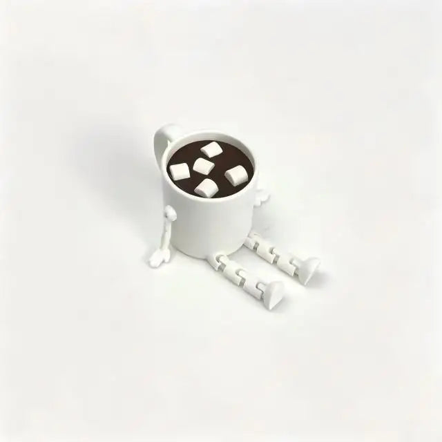 A white 3D printed figurine of a coffee cup filled with dark liquid and small cube-shaped objects, featuring articulated join