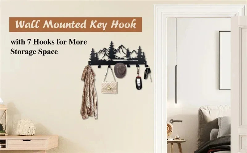 Wall mounted key hook with seven hooks for storage space featuring a mountain forest design