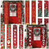 Festive Christmas door banner featuring red and green holiday greetings and a wreath on a wooden door.