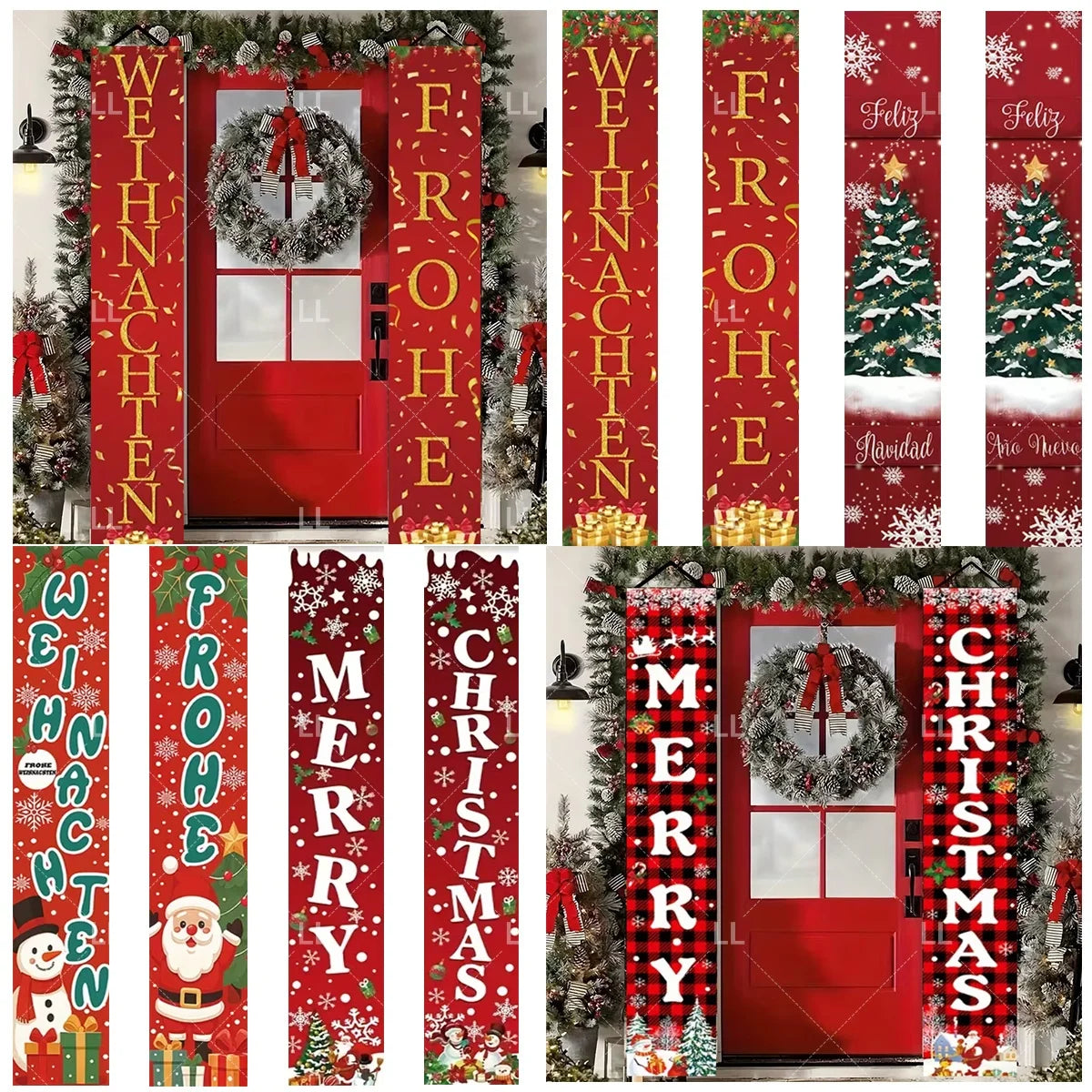 Festive Christmas door banner featuring red and green holiday greetings and a wreath on a wooden door.