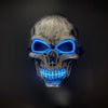 A realistic latex skull mask with glowing blue eyes and teeth against a dark background.