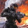 A highly detailed illustration of Master Chief in futuristic armor holding a rifle against an explosive, fiery background.