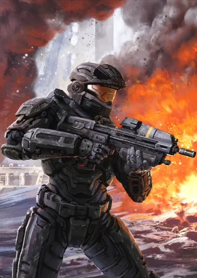 A highly detailed illustration of Master Chief in futuristic armor holding a rifle against an explosive, fiery background.