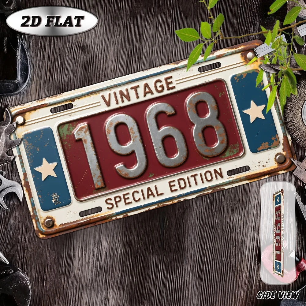 A vintage metal year wall plaque for 1968 displayed on a dark wooden surface.