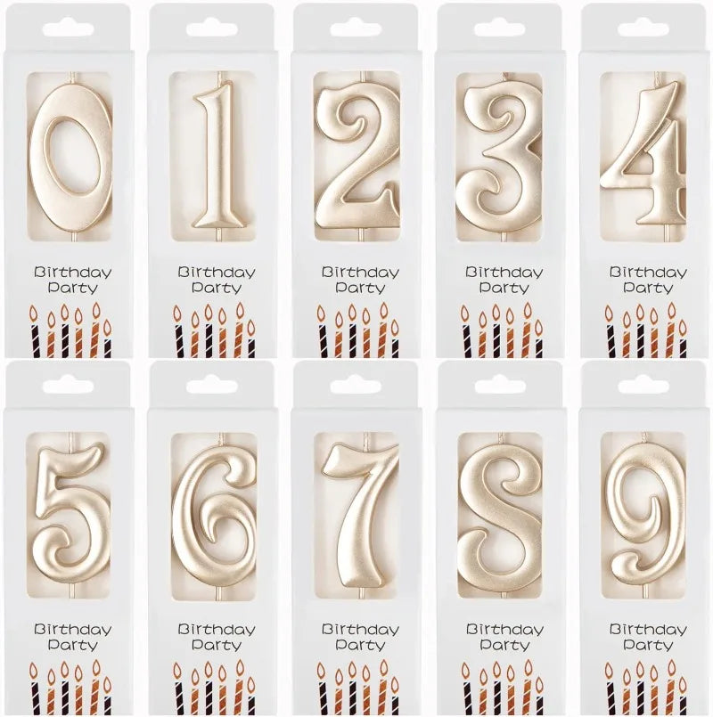 Pack of champagne gold number candles for birthday cakes and party decor