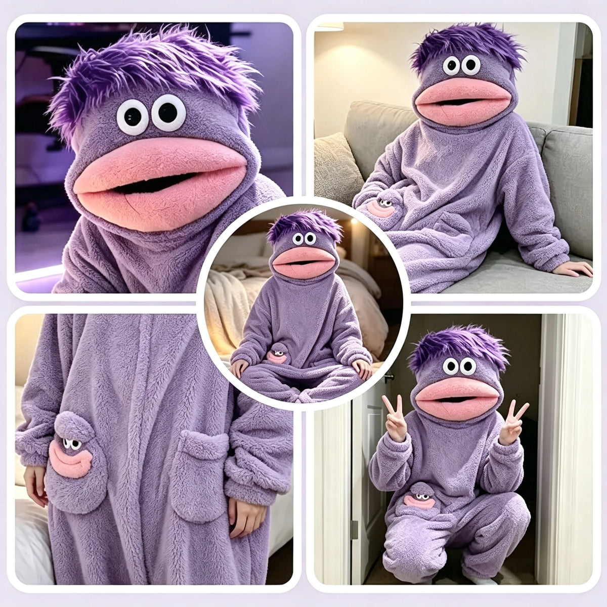 Funny Big Mouth Monster Onesie Pajamas – Cozy Coral Fleece Hooded Jumpsuit