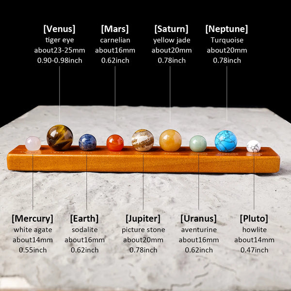 A collection of natural crystal balls representing the solar system planets arranged in a row.