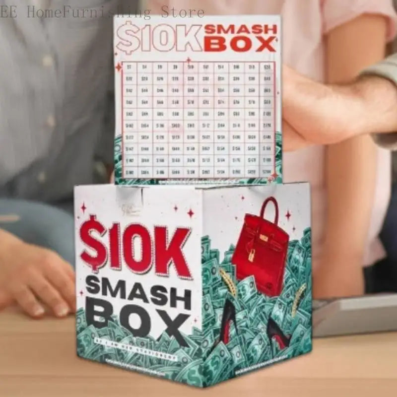 A red box labeled $10K SMASH BOX is shown next to a grid of money and a person's hand.