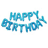 A set of blue and silver foil letter balloons spelling out Happy Birthday for party decoration