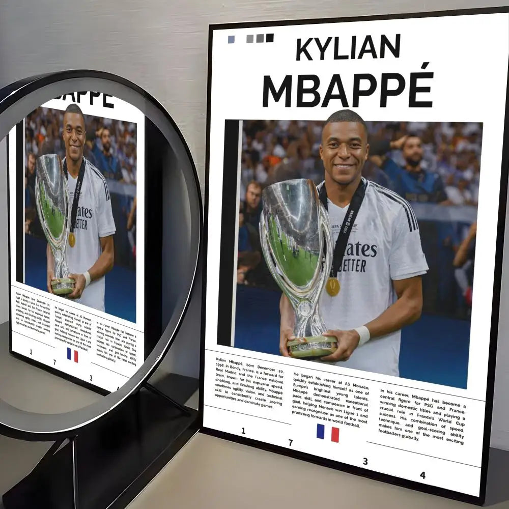 A framed poster featuring Kylian Mbappé in a white jersey and celebrating with a golden trophy.