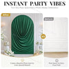 Before and after comparison of a green pleated spandex arch cover used for photo-ready celebrations