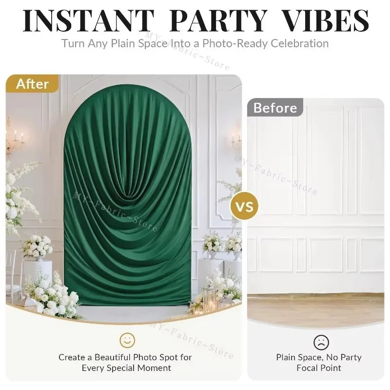 Before and after comparison of a green pleated spandex arch cover used for photo-ready celebrations