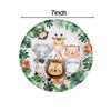 A plate featuring cute safari animals like an elephant, giraffe, lion, and tiger surrounded by green tropical leaves.