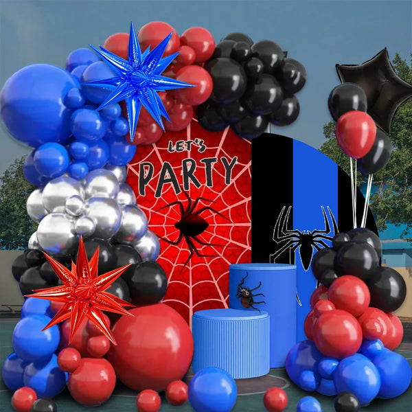 A balloon arch kit featuring red, black, and blue balloons with spider and star foil accents.