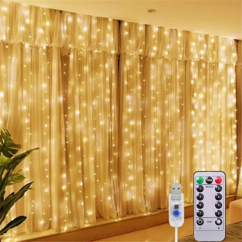 A close-up of golden sheer curtains illuminated by warm fairy lights in a room setting.