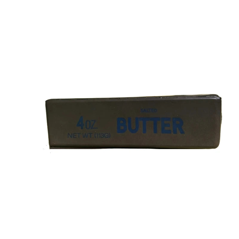 Jouet anti-stress rectangulaire marron, étiqueté 4oz/113g de beurre net