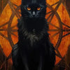 A dark black cat with glowing yellow eyes sits within a geometric, fiery orange and gold design.