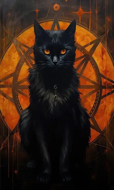 A dark black cat with glowing yellow eyes sits within a geometric, fiery orange and gold design.