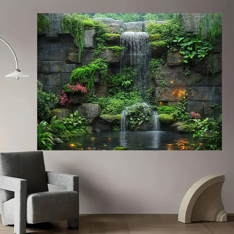 A wall hanging depicting a lush garden scene with cascading waterfalls and vibrant green foliage over stacked stone.