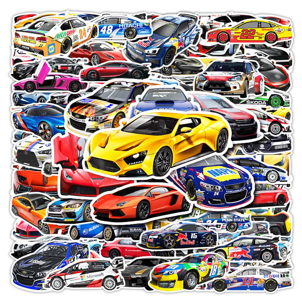 A collection of various retro car decals and stickers for DIY decoration, featuring different colored vehicles.