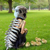 A realistic gray dinosaur skeleton plush costume for kids standing in green grass.