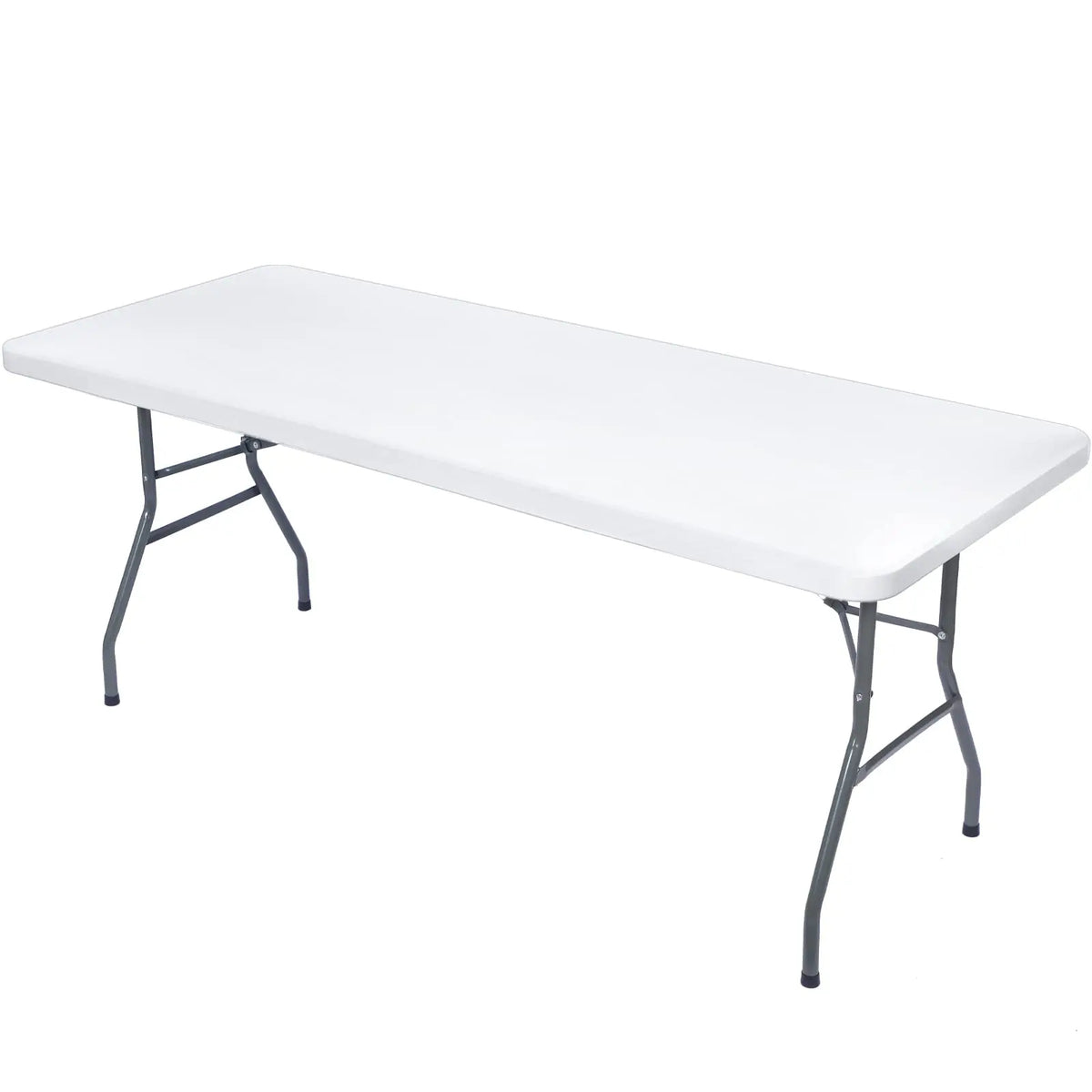 A white stretch elastic tablecloth cover for a rectangular table.