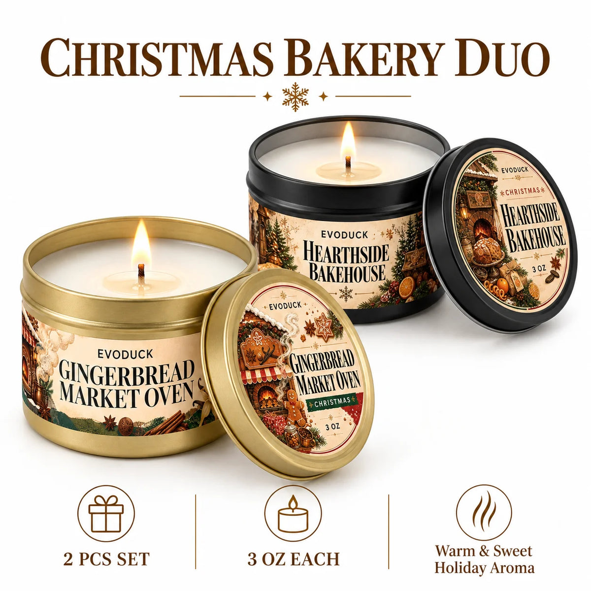 Christmas Bakery Duo featuring two candles in gold tins with a holiday aroma
