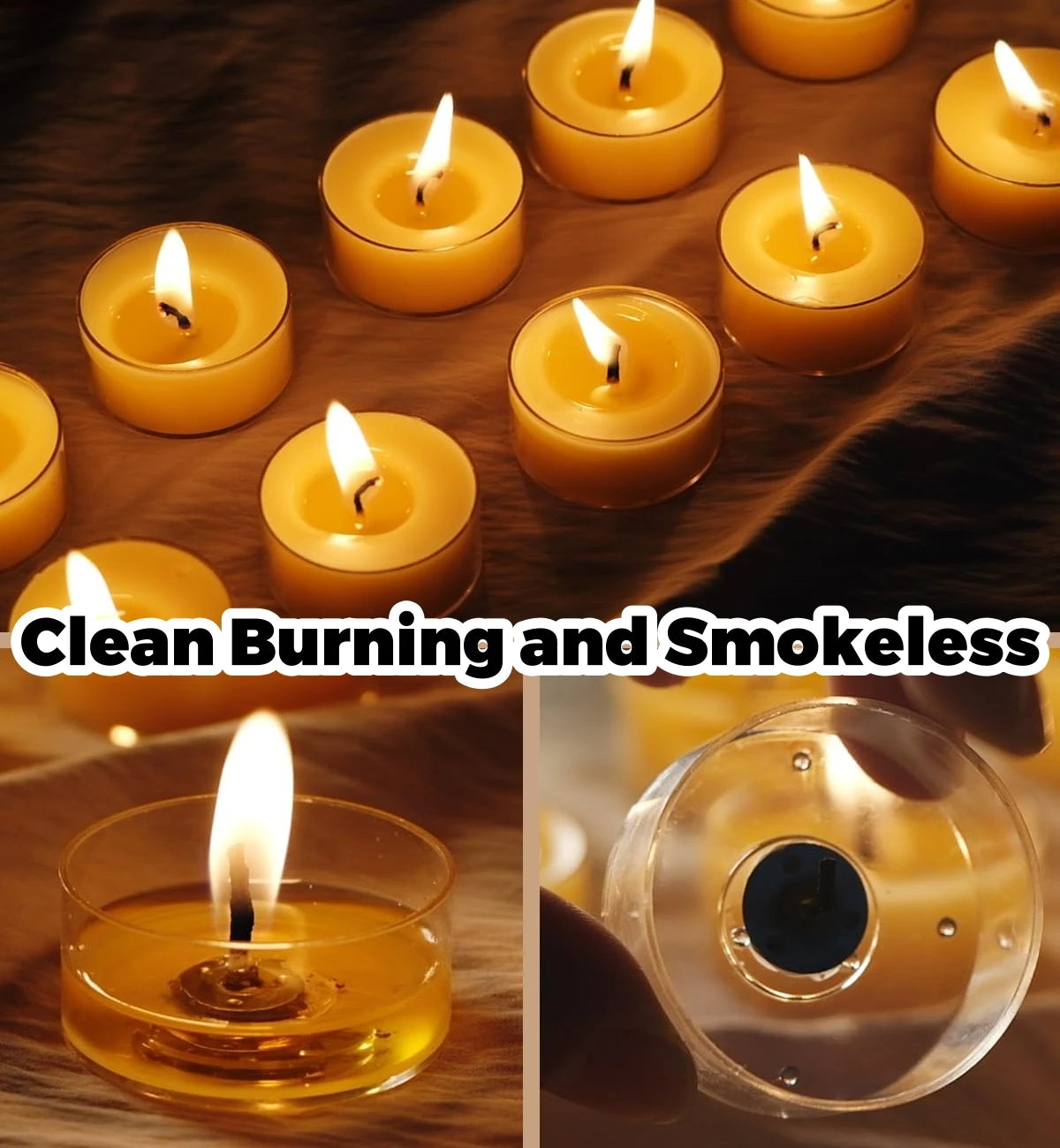 A collection of glowing yellow beeswax candles in various sizes and a glass tealight candle.
