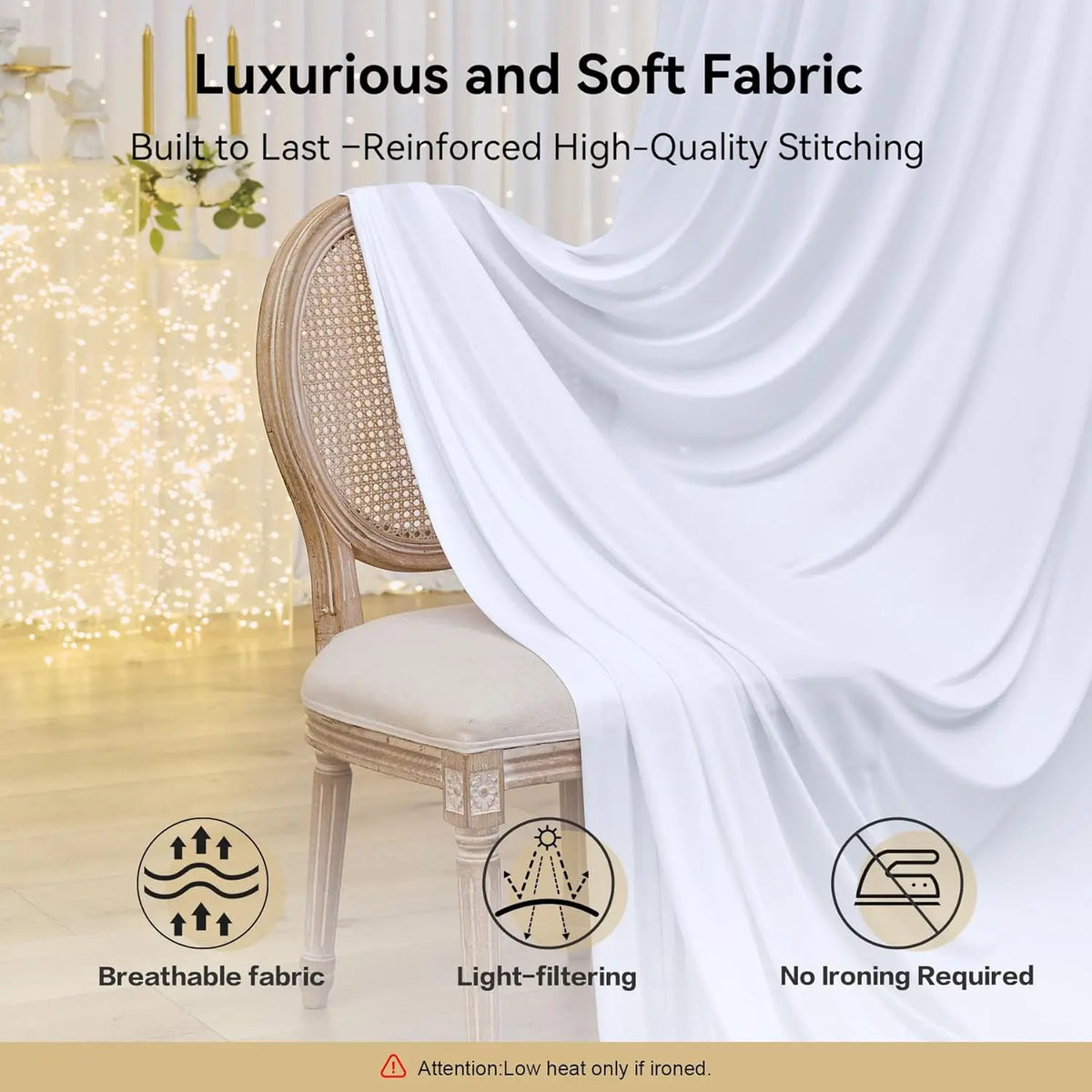 White luxurious and soft fabric draped over a chair, showcasing reinforced stitching and breathable light-filtering material.
