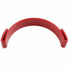 A red adjustable hat brim shaper tool with curved arms.