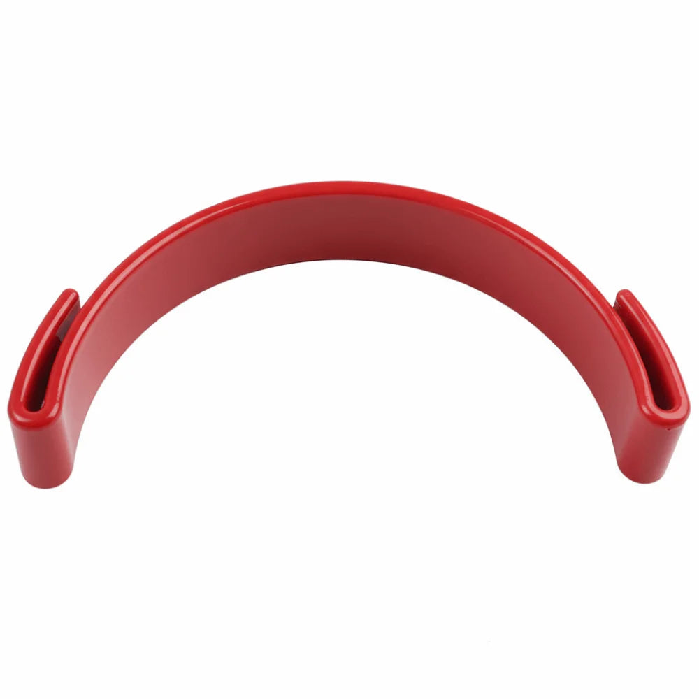 A red adjustable hat brim shaper tool with curved arms.