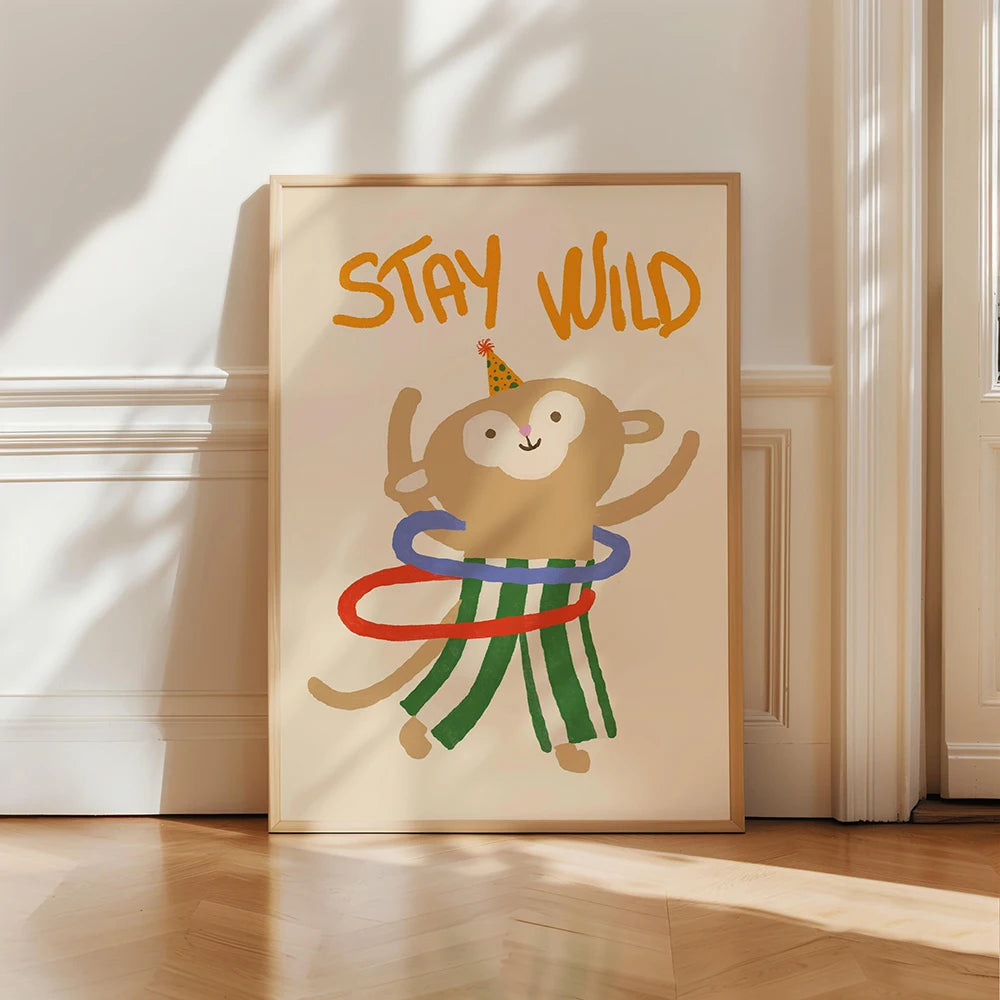 A canvas print featuring a cute, brown animal with a party hat and colorful ribbons, titled Stay Wild.