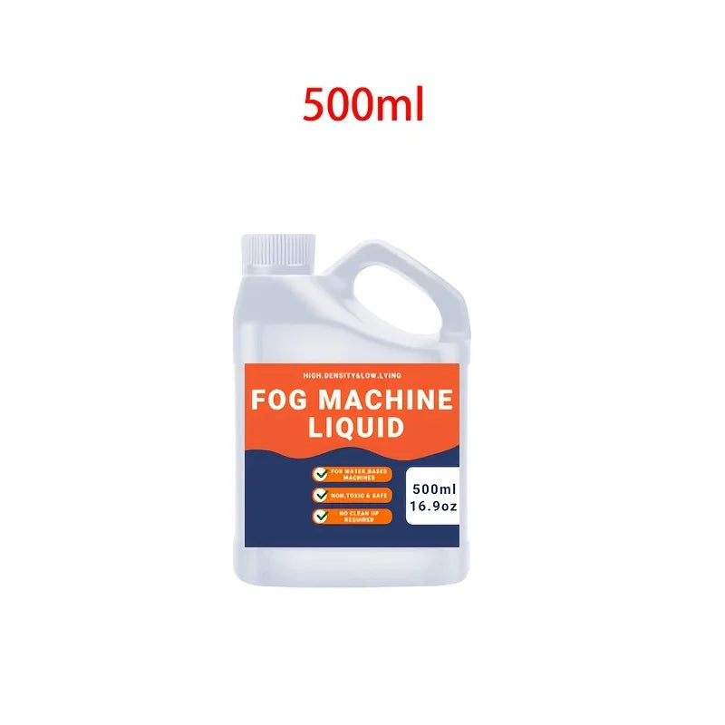 A white plastic bottle of 500ml fog machine liquid is shown.
