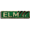 Vintage metal tin sign with the text ELM St. in green and red, suitable for horror-themed decor.